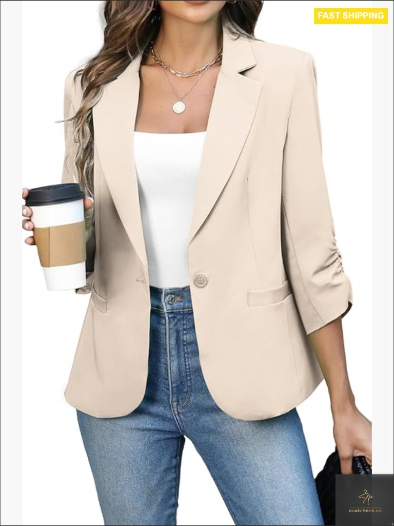 Ruched 3/4 Sleeve Blazer Slim Fit Lightweight Business Casual Jacket
